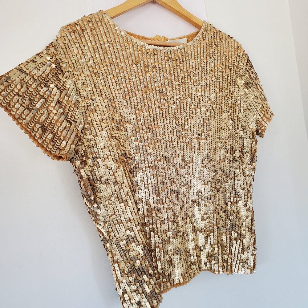 VINTAGE OSCAR DE LA RENTA Sz L Gold Sequin Short Sleeve Sweater Top Zip GLITZY - Picture 5 of 16